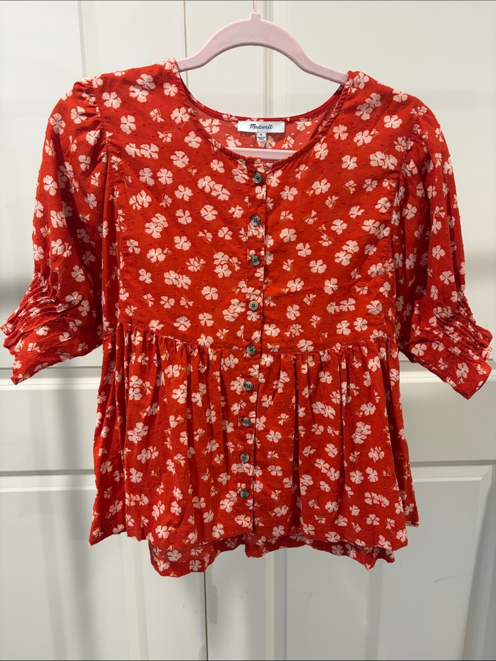 Madewell Red Floral Button-Front Peplum Blouse